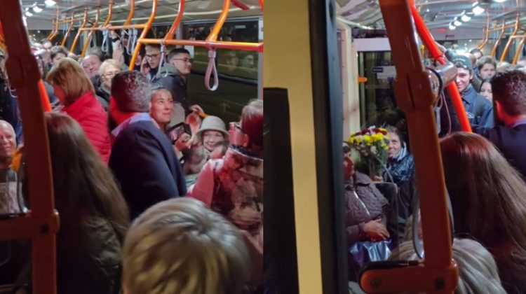 STOP CADRU cu troleibuzul arhiplin, care îi cântă „La mulți ani” unei pasagere. Șoferul i-a oferit flori