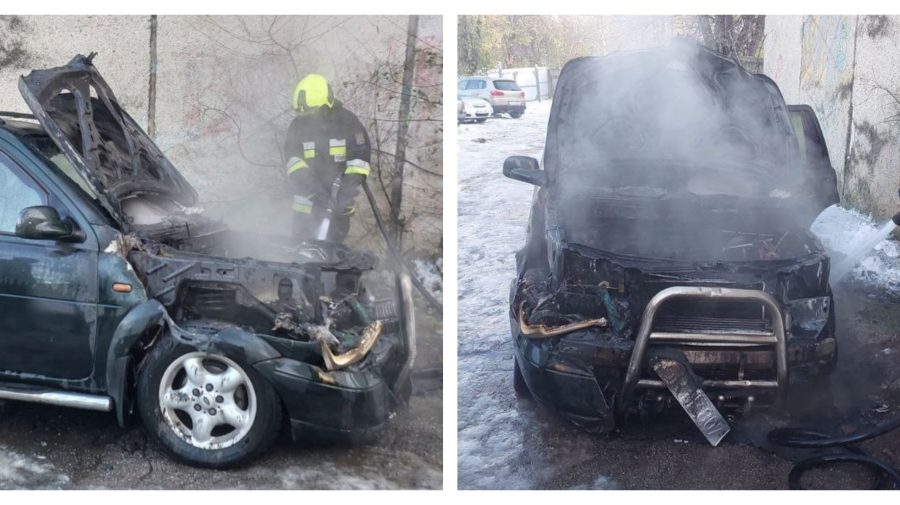 FOTO Un Land Rover a fost cuprins de flăcări într-o parcare din Chișinău. Au intervenit pompierii