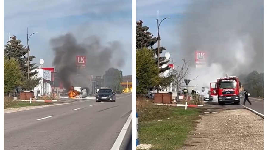 VIDEO Un automobil a fost cuprins de flăcări la o stație PECO din Hîncești. Șoferul se afla în interior