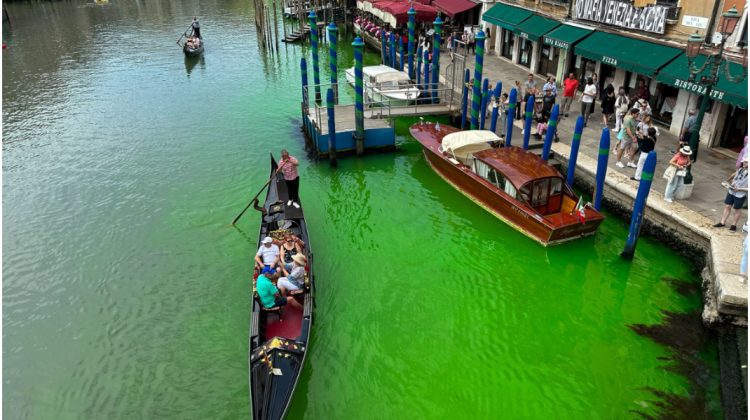FOTO Activişti de mediu italieni au colorat în verde apa din Marele Canal din Veneţia