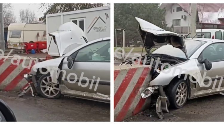 VIDEO Un șofer s-a tamponat într-o placă de beton, în Capitală. El a ajuns la spital, iar mașina a fost făcută zob