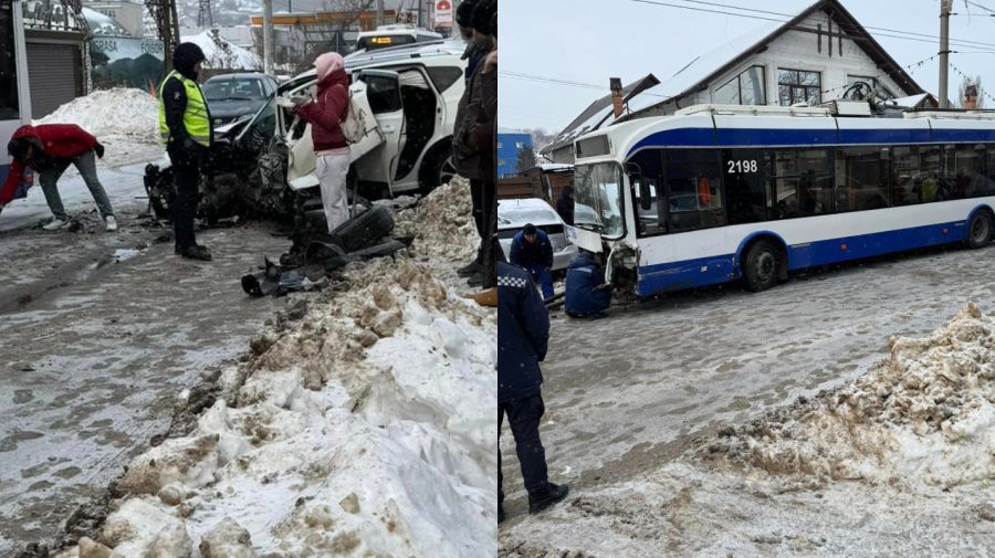 FOTO Un troleibuz și un Nissan s-au tamponat violent la Durlești. Poliția: O tânără, transportată la spital
