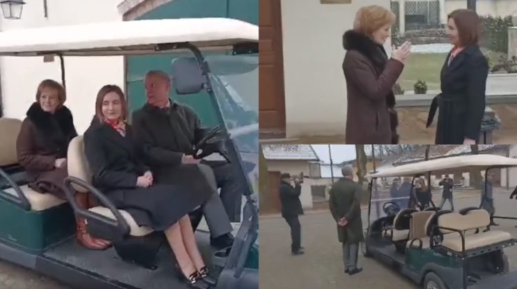 Primele imagini VIDEO cu Maia Sandu, primită la Castelul Săvârșin. A urcat într-un vehicul retro