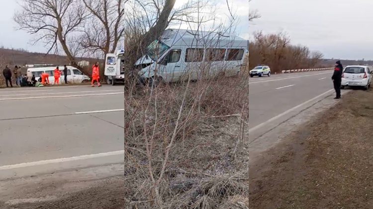 VIDEO Un microbuz cu 14 pasageri s-a tamponat într-un copac. Patru persoane au fost transportate la spital