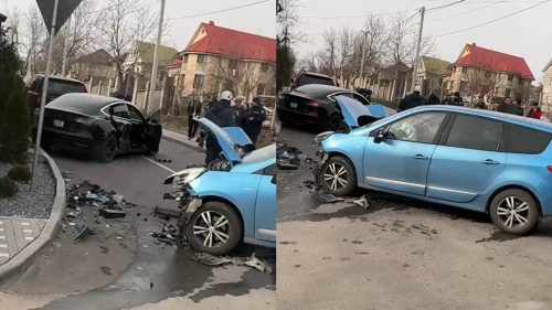 VIDEO Tesla, Renault și Volvo, implicate într-un accident violent, la Durlești. O șoferiță, transportată la spital