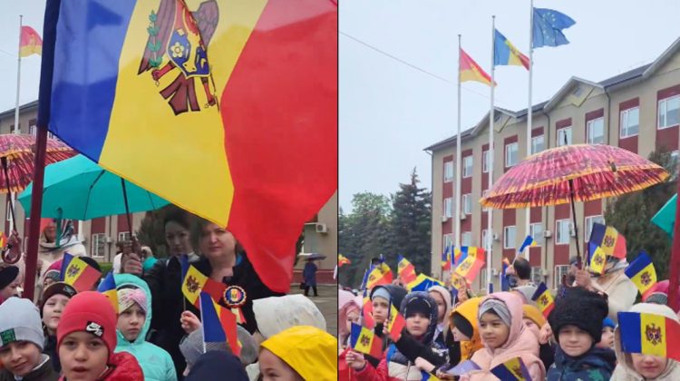 VIDEO Ziua Drapelului de Stat, sărbătorită la Florești. Un grup de copii, aduși în fața Consiliului raional