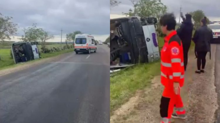 VIDEO Un autocar cu zeci de pasageri s-a răsturnat în raionul Caușeni! Cel puţin un mort şi mai mulţi răniţi