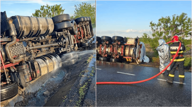 VIDEO O cisternă cu etalon înmatriculată în Republica Moldova s-a răsturnat în România. Șoferul a decedat