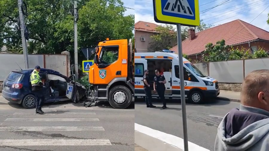VIDEO Accident violent în sectorul Buiucani. Pasagerul unui Volkswagen a fost preluat de ambulanță