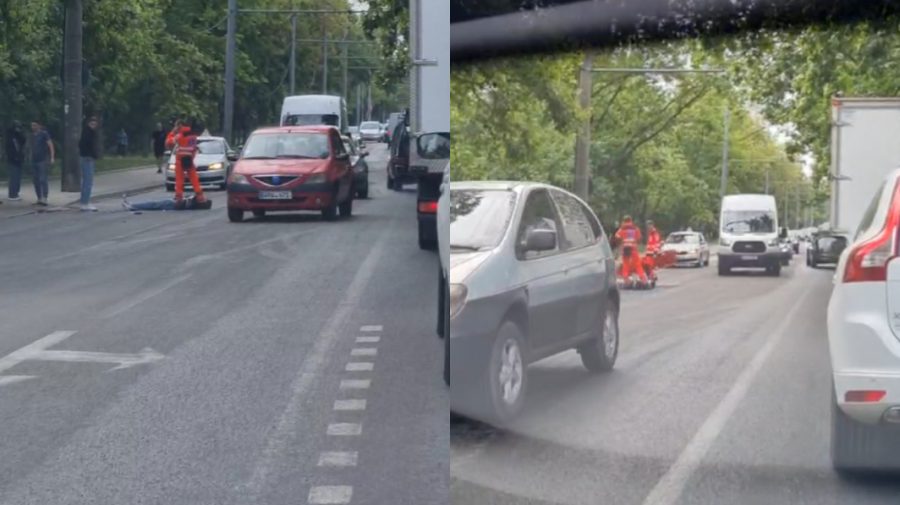 VIDEO Impact violent pe o stradă din Capitală. Un motociclist, transportat la spital