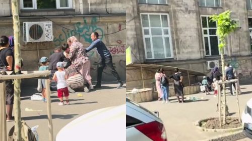VIDEO Bătaie în centrul Chișinăului. O femeie, în genunchi, în timp ce mai multe persoane împart palme și pumni în jur