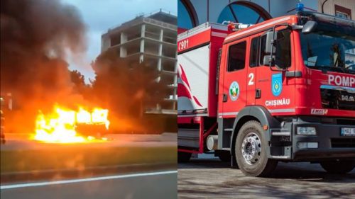 VIDEO cu o mașină cuprinsă de flăcări. Detalii de la IGSU