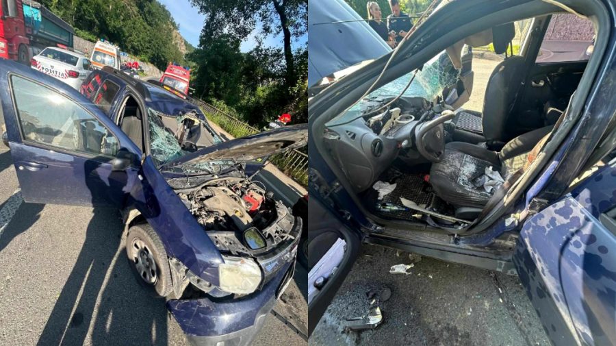 Un bolovan desprins din munte a căzut peste mașina condusă de un politician român. FOTO de la fața locului