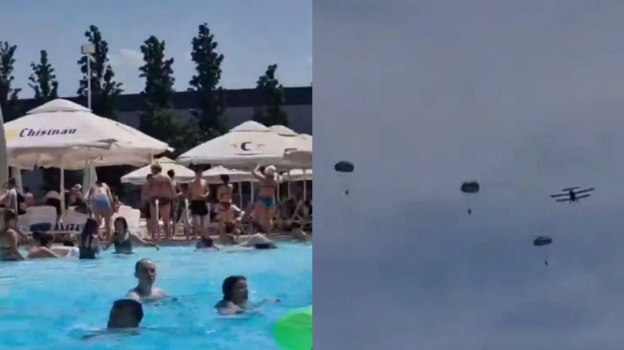 VIDEO Spectacol la înălțime. Militarii Armatei Naționale au sărit cu parașuta deasupra unei piscine din Bălți