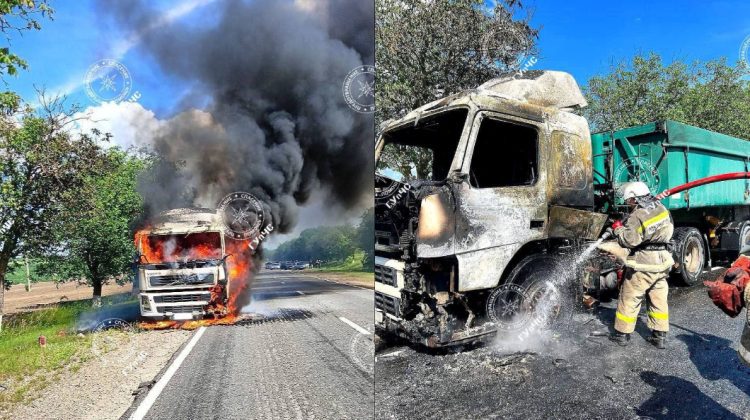 FOTO, VIDEO cu un camion care arde ca torța pe traseu. Șoferul a reacționat rapid