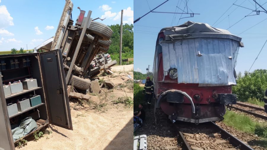 FOTO Un tren plin cu pasageri s-a izbit violent de un camion în județul Iași. Șoferul nu s-ar fi asigurat