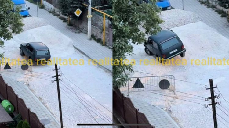 VIDEO  Ispită sau prostie? Un șofer, la un pas de a se răsturna cu mașina, filmat cum trece peste o grămadă de pietriș