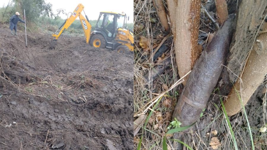 Un proiectil de calibru 105 mm, găsit pe un câmp de niște muncitori. Geniștii au intervenit pentru a-l distruge