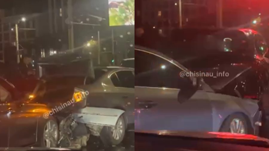 VIDEO Porsche, BMW și Volkswagen, avariate în urma unui accident, în Chișinău. O șoferiță a ajuns la spital