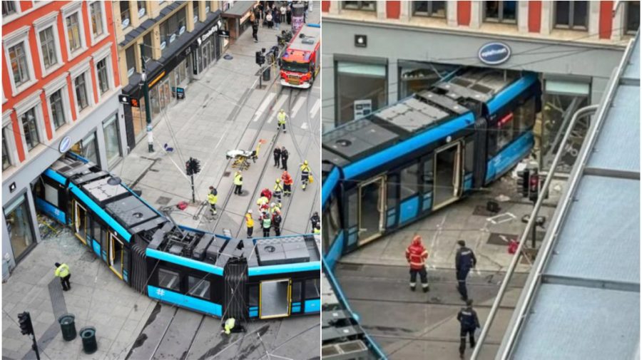 FOTO, VIDEO cu un tramvai care a intrat cu viteză într-o clădire din Oslo. Șoferul este considerat suspect