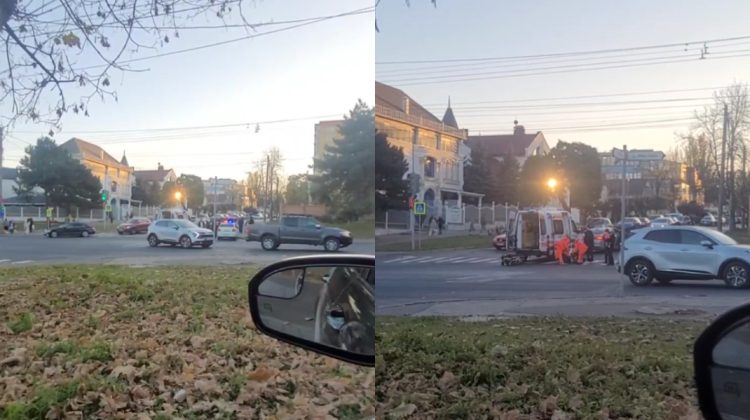 VIDEO Un tânăr, aflat pe o trotinetă electrică, a fost tamponat de o mașină. Poliția și ambulanța sunt la fața locului