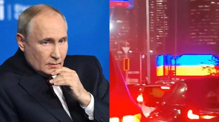 VIDEO Surpriză în timpul vizitei lui Putin în Astana. Drapelul Ucrainei a apărut în locul cel al Rusiei