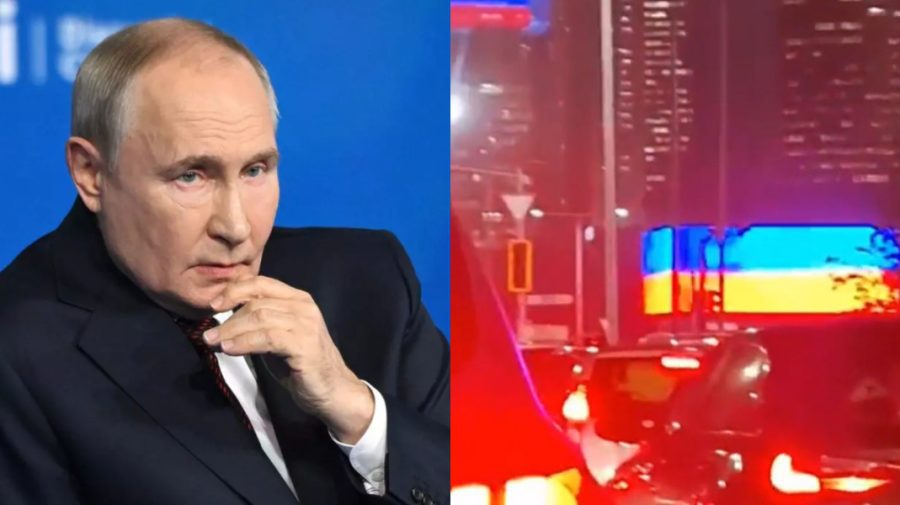 VIDEO Surpriză în timpul vizitei lui Putin în Astana. Drapelul Ucrainei a apărut în locul cel al Rusiei