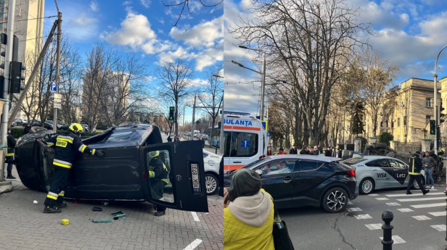 VIDEO Accident violent în centrul Capitalei. O mașină s-a inversat, iar o persoană a ajuns la spital