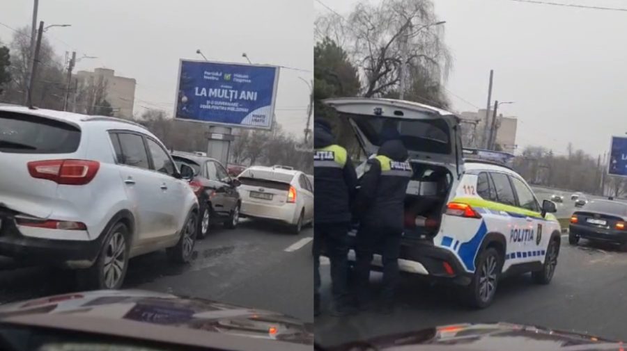 VIDEO Ghinion de dimineață. Cinci automobile s-au tamponat în Chișinău
