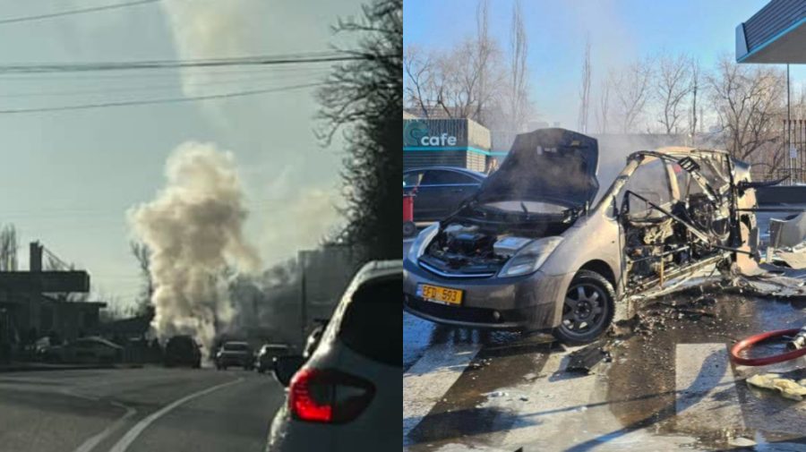 FOTO, VIDEO O mașină a sărit în aer pe str. Albișoara din Capitală. S-a întâmplat la o stație de alimentare cu gaz