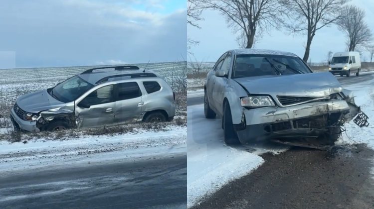 VIDEO Accident matinal în apropiere de Cubolta. Un Audi și o Dacia au fost grav avariate