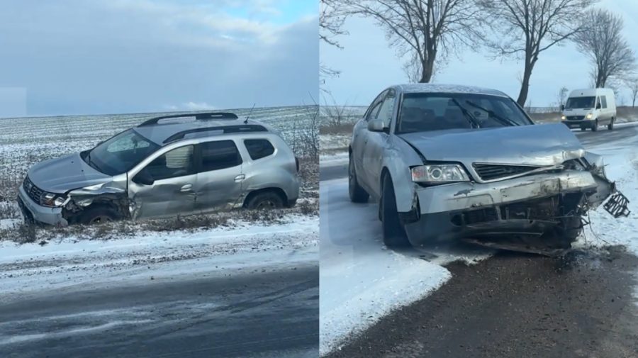 VIDEO Accident matinal în apropiere de Cubolta. Un Audi și o Dacia au fost grav avariate