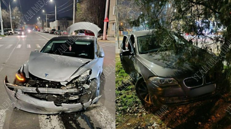 VIDEO Accident „de lux” la Tiraspol: Un BMW și o Tesla s-au ciocnit violent. Sunt victime