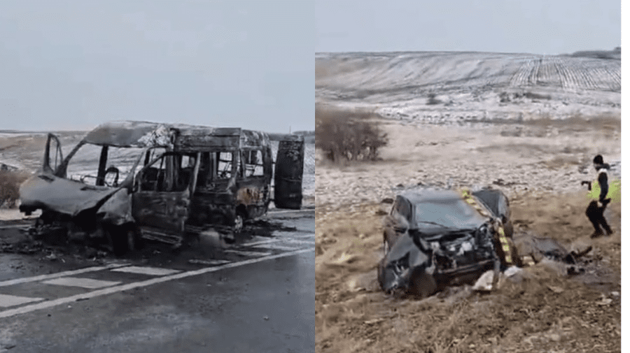 Accident cu un microbuz din Moldova, în Iași. Vehiculul a luat foc, iar 2 cetățeni au avut nevoie de îngrijiri medicale