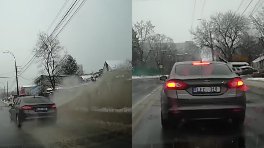 VIDEO  O persoană, stropită din cap până-n picioare de un șofer grăbit. O școală auto caută pietonul