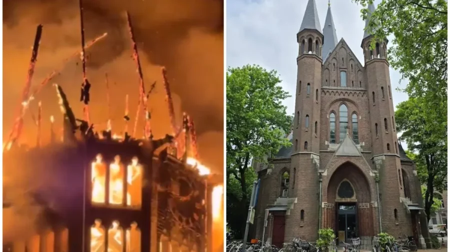 Amsterdam: O biserică de 150 de ani a fost mistuită de flăcări de Revelion. Turnul de 50 de metri s-a prăbușit