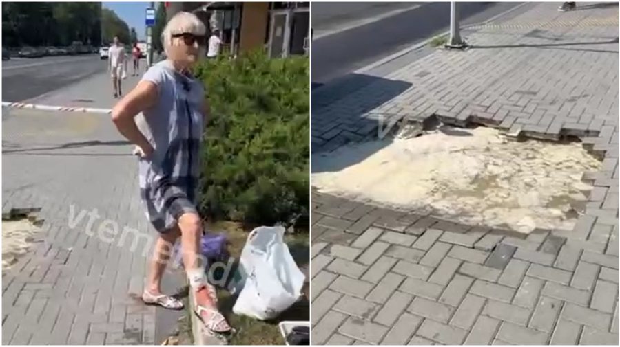 O femeie de 77 de ani a căzut într-o groapă apărută pe trotuar. Trecătorii au intervenit și au salvat-o