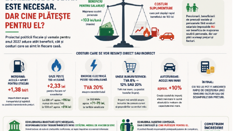 Experți: Politica fiscală pentru 2027 ar putea aduce scumpiri mai mari decât beneficiile pentru salariați