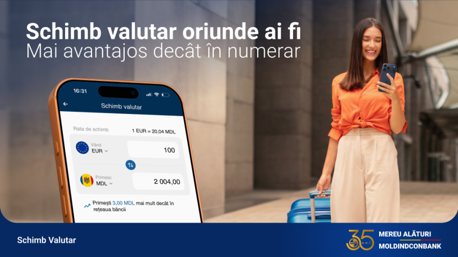 Moldindconbank lansează schimb valutar 24/7 direct în aplicația MICB Mobile Banking