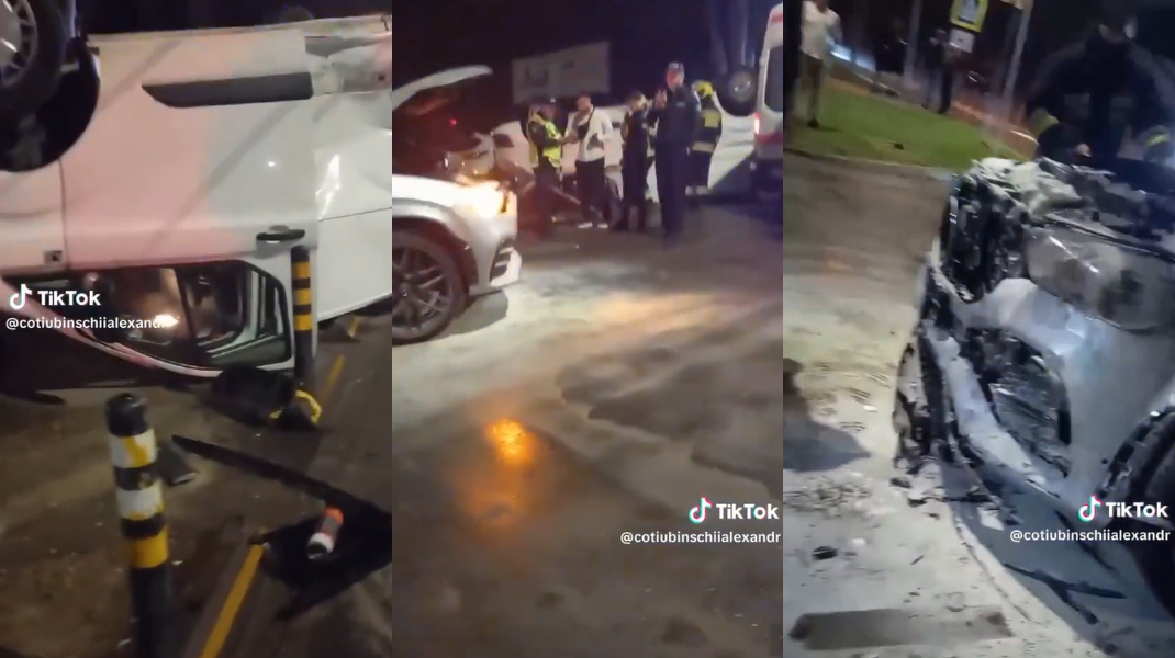 VIDEO Accident grav în Capitală, de Ziua Independenței: O mașină s-a răsturnat, alta a luat foc