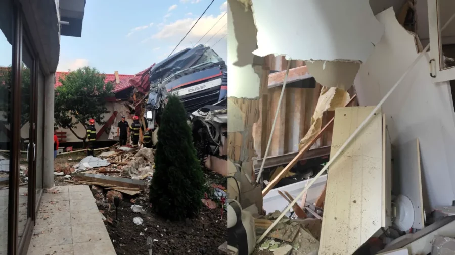 Un TIR înmatriculat în Republica Moldova a intrat în două gospodării din România. Șoferul a ajuns la spital