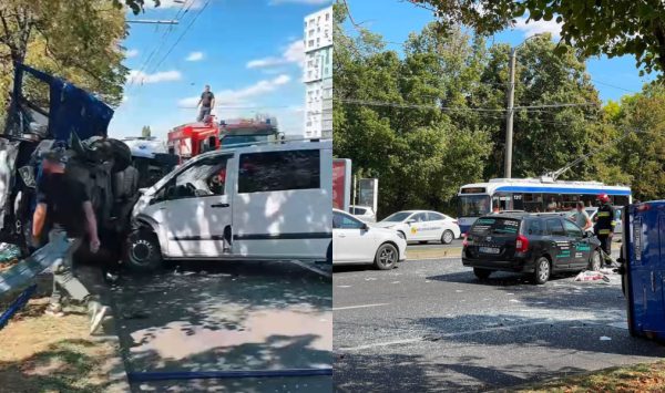 VIDEO cu un accident grav din Chișinău: Trei mașini s-au ciocnit, iar circulația troleibuzelor este afectată