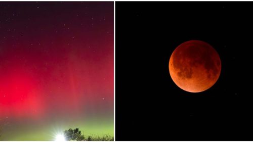 Spectacol rar pe cer: Aurora boreală roșie ar putea apărea joi alături de Luna roșiatică în timpul eclipsei parțiale de Lună