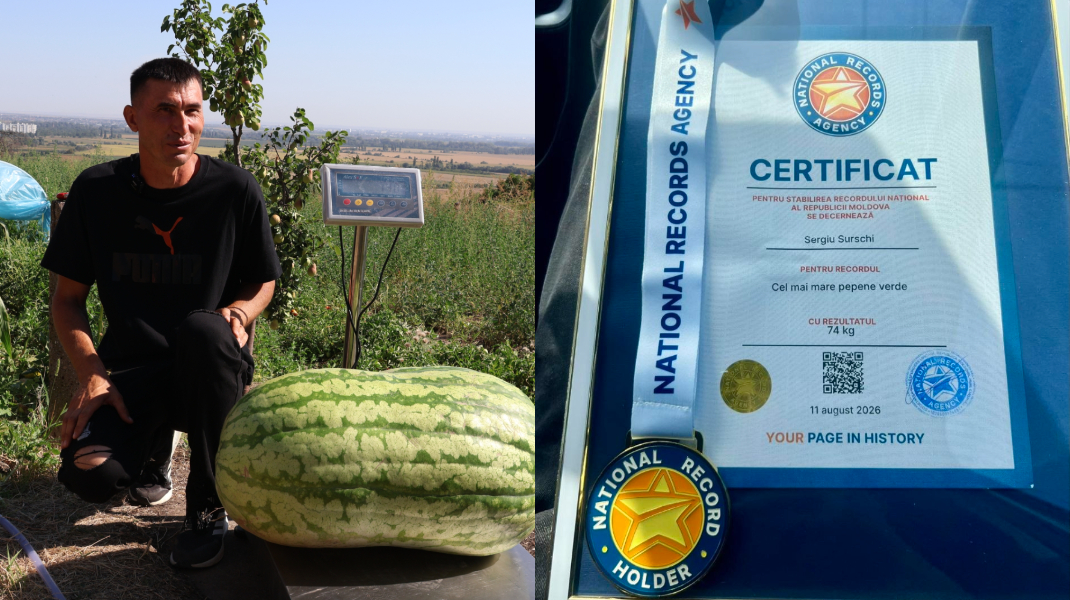 Un nou record național! Sergiu Surschi a primit certificat pentru că a crescut cel mai mare pepene verde