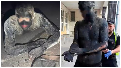 VIDEO Un ucrainean s-a acoperit cu smoală ca să jefuiască un magazin: Polițiștii au avut nevoie de 5 ore ca să-l curețe