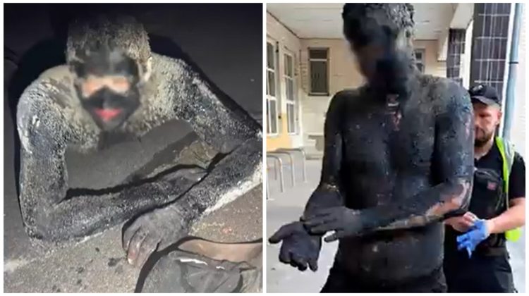 VIDEO Un ucrainean s-a acoperit cu smoală ca să jefuiască un magazin: Polițiștii au avut nevoie de 5 ore ca să-l curețe