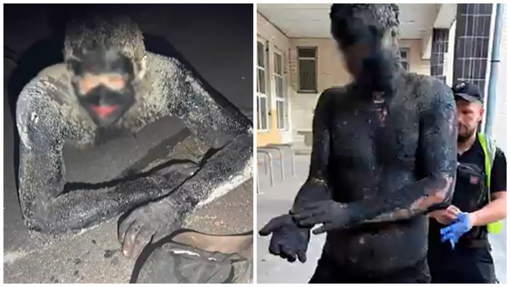 VIDEO Un ucrainean s-a acoperit cu smoală ca să jefuiască un magazin: Polițiștii au avut nevoie de 5 ore ca să-l curețe