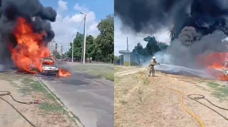 VIDEO cu fum negru și flăcări puternice la Bender! O mașină a fost distrusă de foc