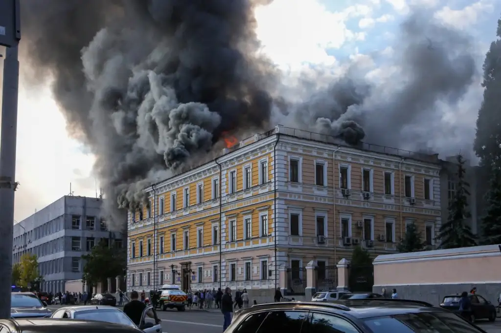 VIDEO Imagini dramatice: Cercetătorul care a scăpat din flăcările Academiei din Kiev, ca „Spider-Man”