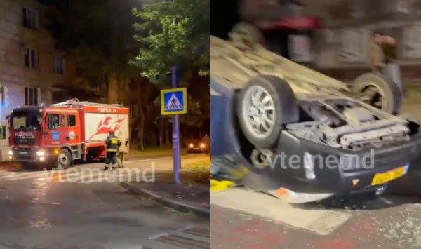 VIDEO Accident violent la intersecția străzilor Vasile Lupu și Eugen Coca: O mașină s-a răsturnat